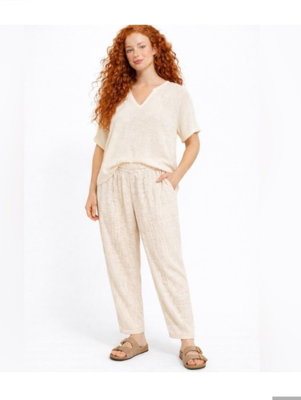 Eileen Fisher Organic Linen Beige White Gingham Pull On Pants Relaxed Pants